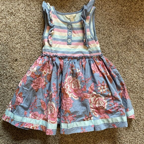 Matilda Jane Girls Dress Size 4 Sleeveless Blue Pink Stripe Top Floral Skirt - Picture 1 of 3